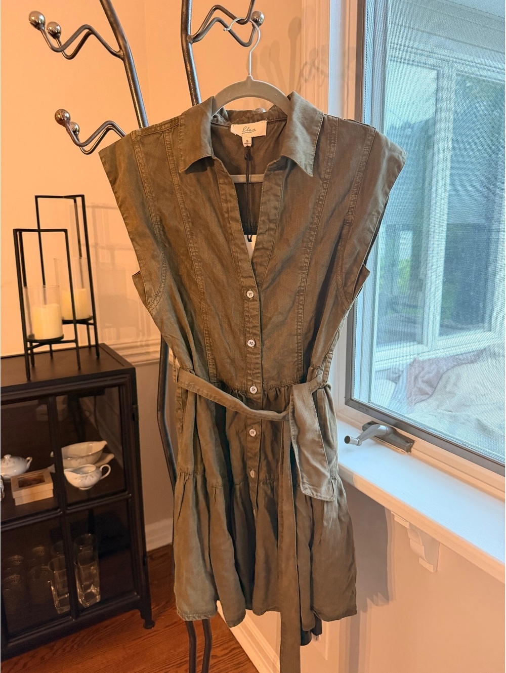 Elan Olive Green Tencil Shirt Dress with Belt Size Small
